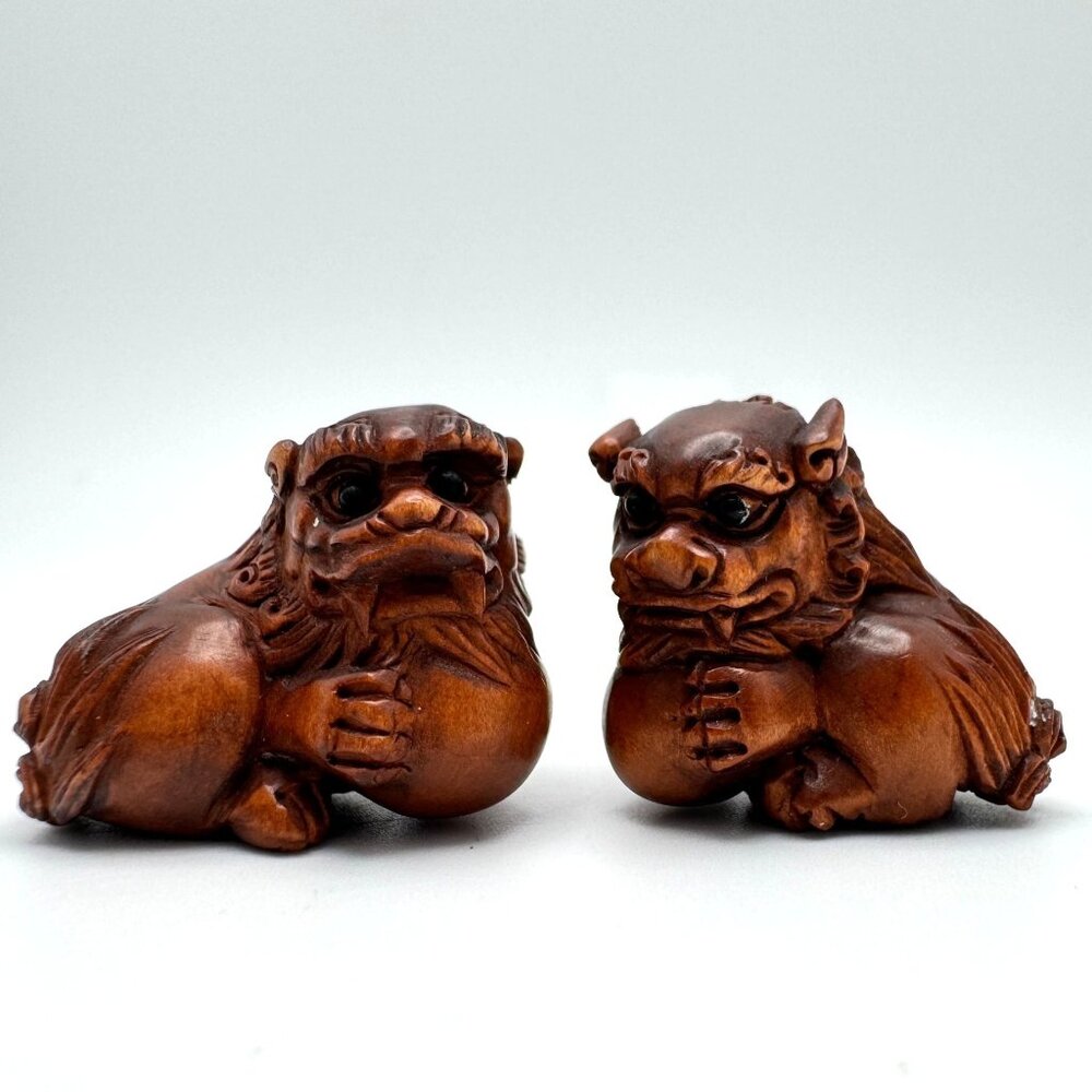 Ojime Netsuke 2 Foo Dog Lion Figurines Hand-Carved Boxwood Signed No Hole #3